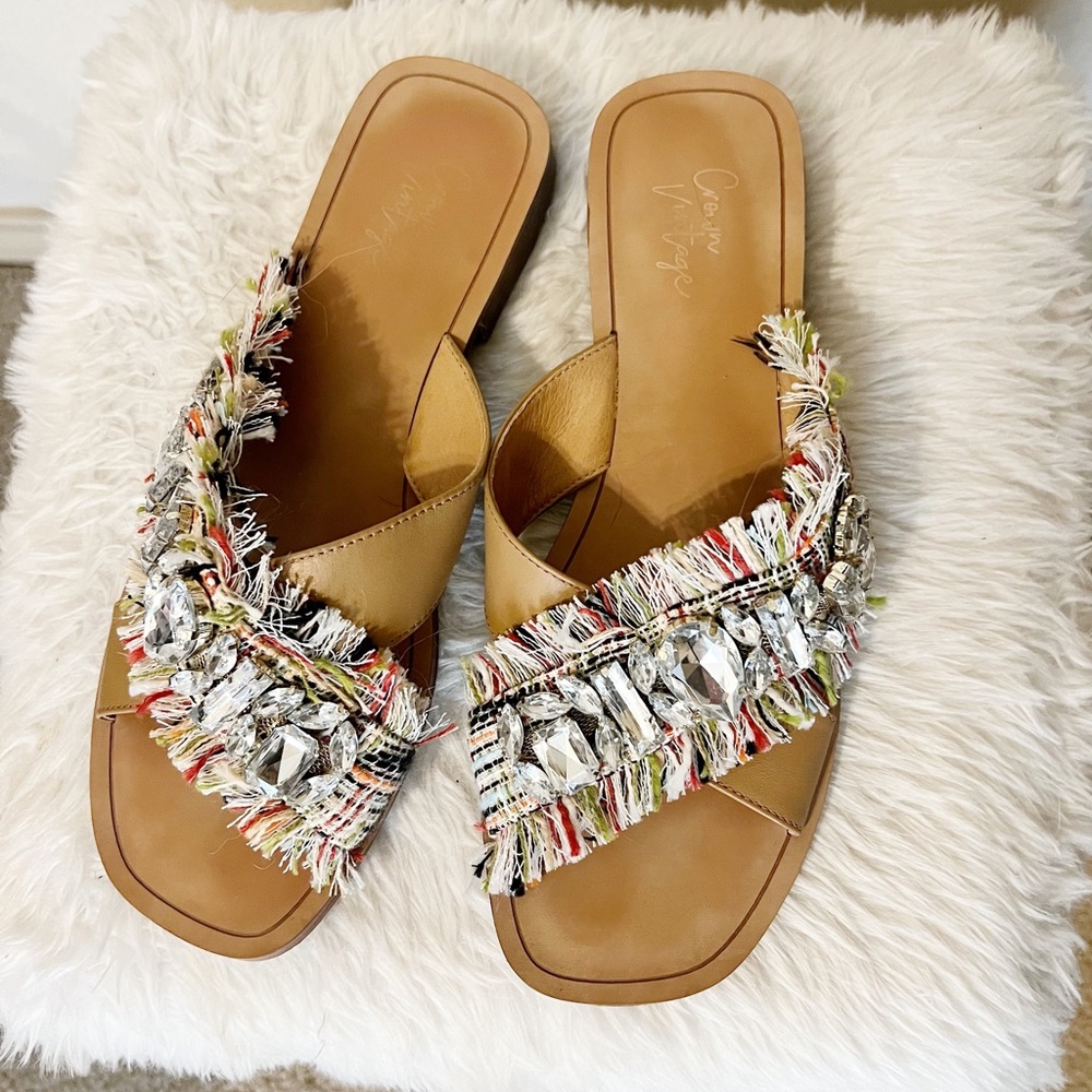 Crown Vintage Fringe and Rhinestone Slip On Sandals